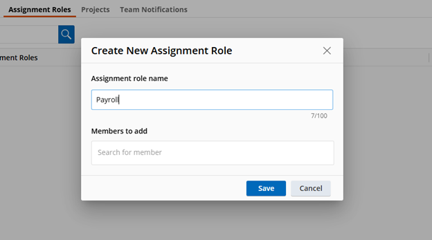 Creating a new assignment role Create New Assignment Role dialog box