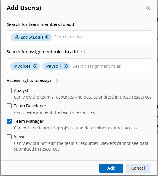 Adding Users to a Team Add Users dialog box