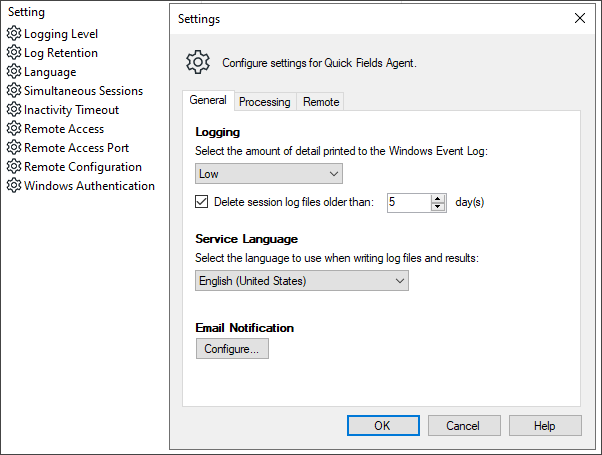 General tab of the Settings dialog box