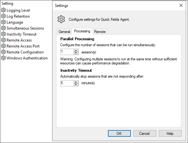 The Processing tab of the Settings dialog box