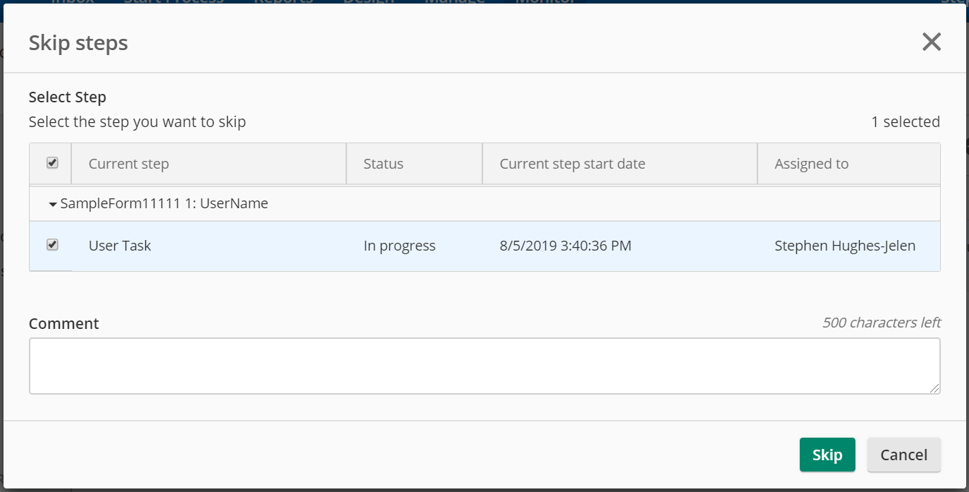 The Skip step dialog window.