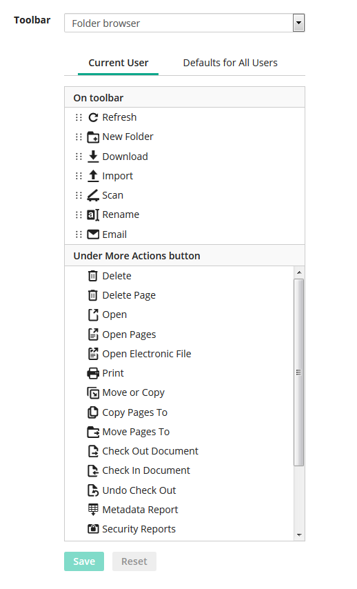 Menu listing actions on the toolbar and actions under the More Actions button